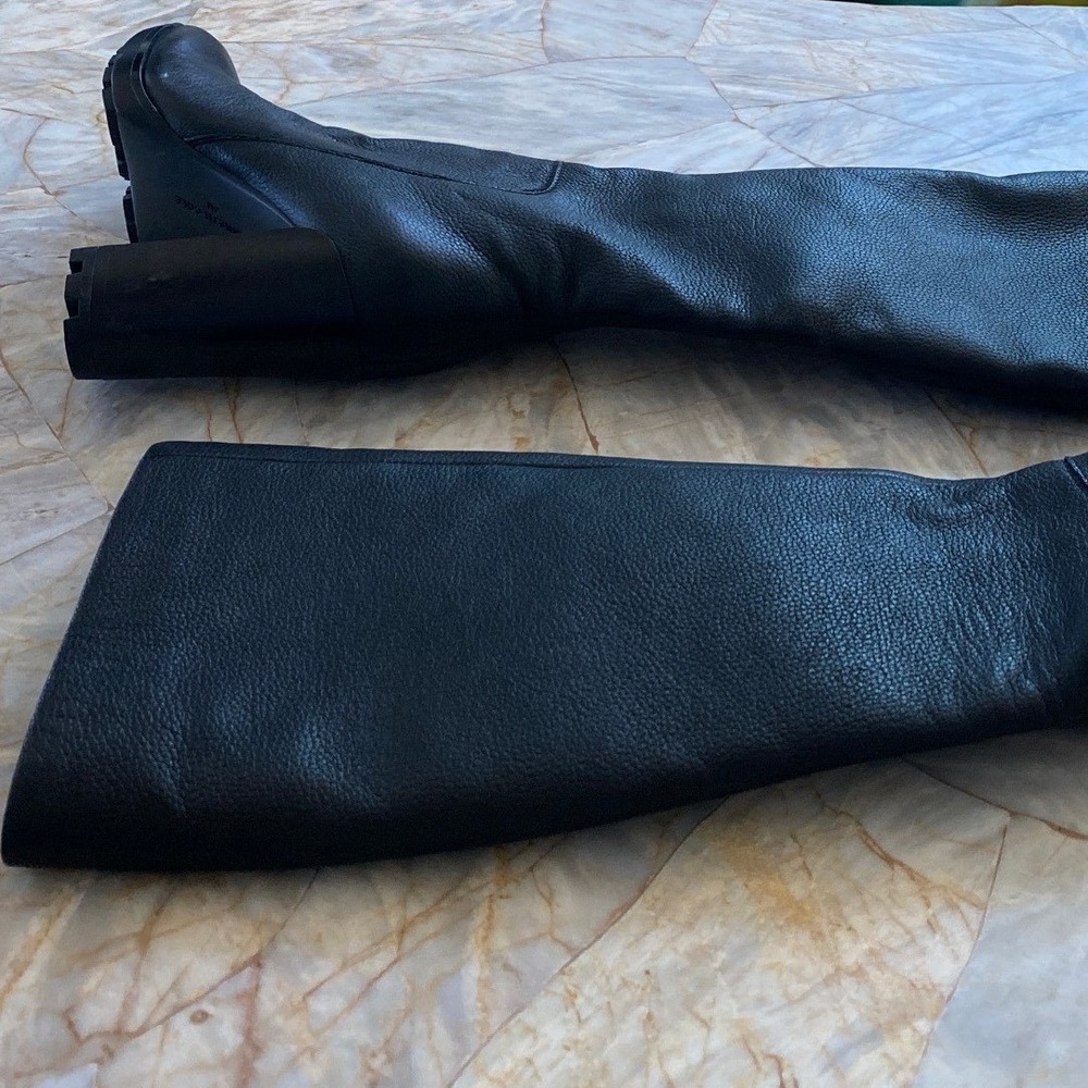 Kenneth Cole New York Black Pebbled Leather Knee High Block Heel Lug Boots - Picture 4 of 9